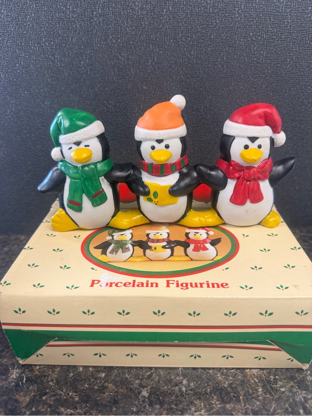 Vintage 1980s Russ Christmas Porcelain Penguins Trio Figurine Holiday Decor